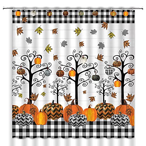 Rustic Autumn Pumpkin Shower Curtain, Fall Floral Buffalo Check, 72x72 Inch