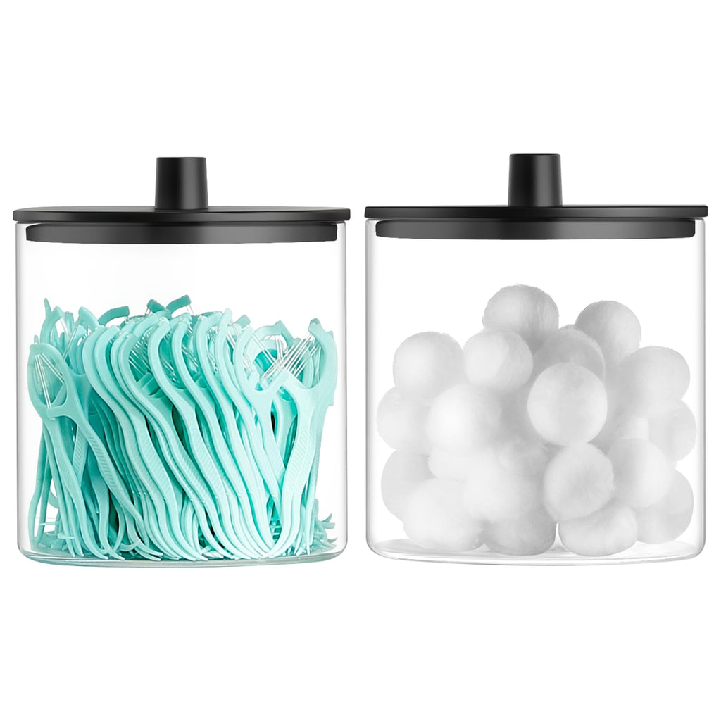 TIPGO Glass Qtip Holder Dispenser - 24 oz Clear Canister Jar, Bathroom Vanity Storage Organizer for Cotton Swabs, Pads, Floss Picks, Small Containers for Makeup Storage (Black)