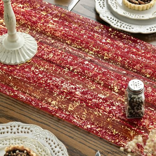 28 x 120 Inch Red Gold Gauze Table Runner 3pcs Glitter Metallic Sheer Holiday Decor