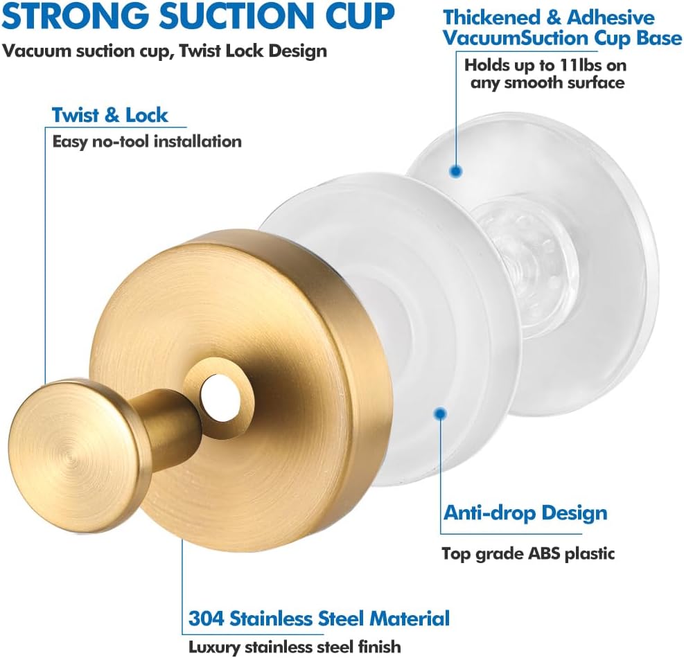 Metal Suction Cup Hooks - No-Drill Shower & Wreath Hangers | 2 Pack in Elegant Gold