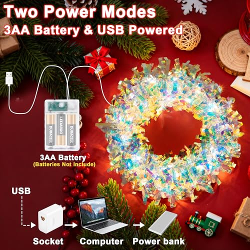 Lighted Christmas Tinsel Garland 2 Pack - Iridescent Metallic Foil Streamers with Lights
