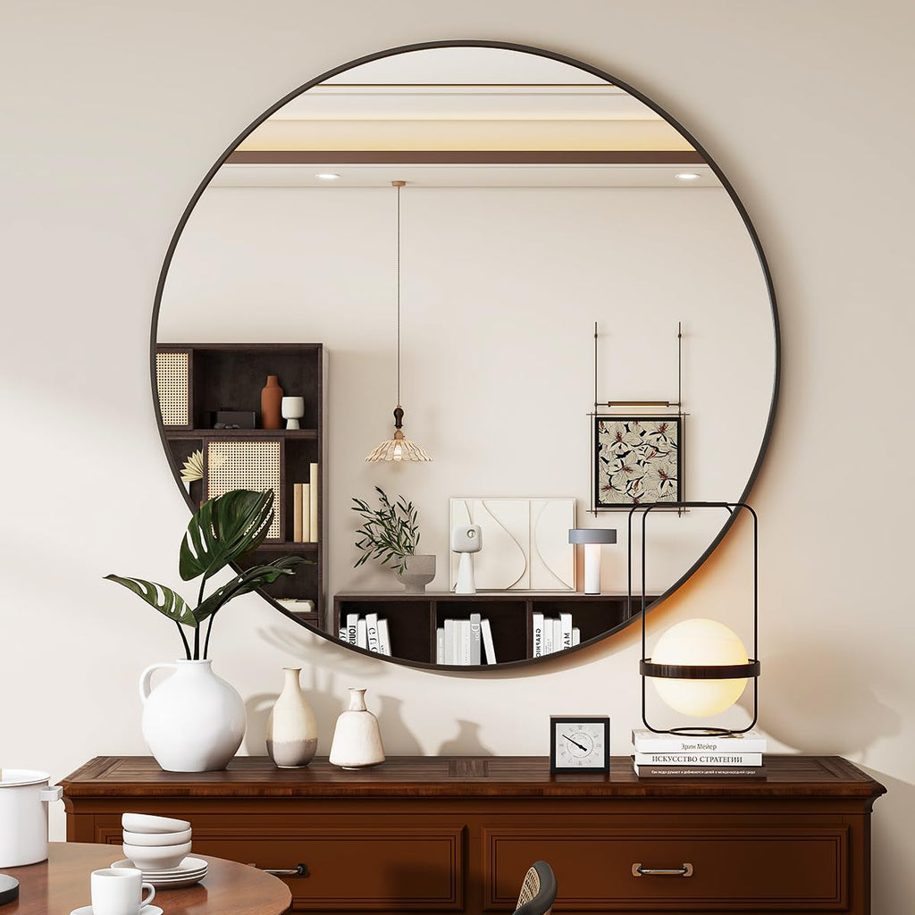 VETROVUE Black Round Mirror, 24 Inch Circle Bathroom Mirror with Metal Frame, Wall-Mounted for Entryway, Bathroom, Vanity, Living Room
