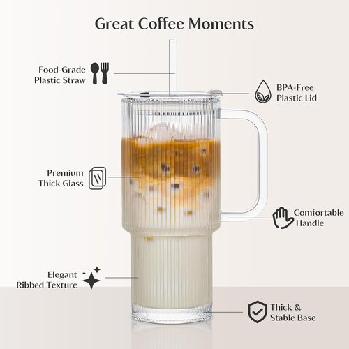 INSETLAN 24oz Glass Tumbler Set - Ribbed Design with Handle & Lid | Perfect for Iced Coffee, Smoothies & More