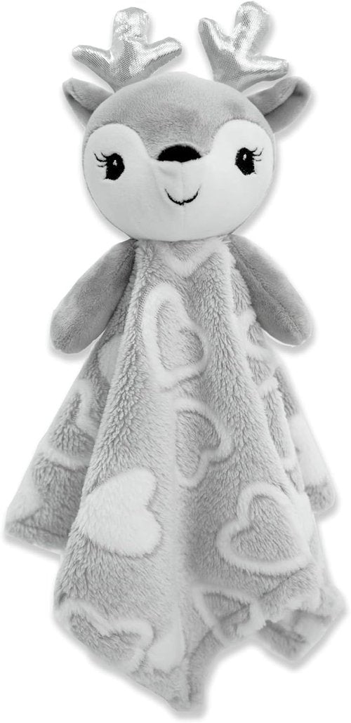 June Garden Cozy Dream Fleece Baby Security Blanket - Soft Plush Stuffed Deer Lovey | 15 x 15 Inches - Grey