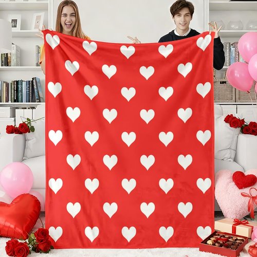 Valentine's Day Throw Blanket, Heart Red and White Reversible Flannel Throw Blanket, Soft Lightweight Cozy Love Gift for Girlfriend Wife Couple Women Couch Sofa Bed Decor, 50 x 60 Inch (Heart)