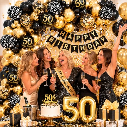 Black and Gold 50th Birthday Decorations Kit - 154pcs with Banner & Balloons