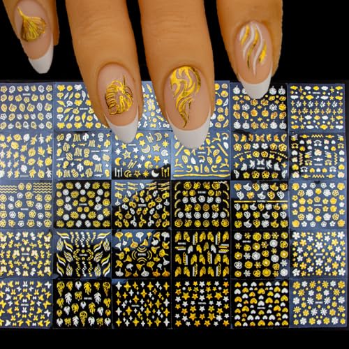120 Sheets Gold Nail Art Decals - 3D Self-Adhesive Geometric & Floral Stickers