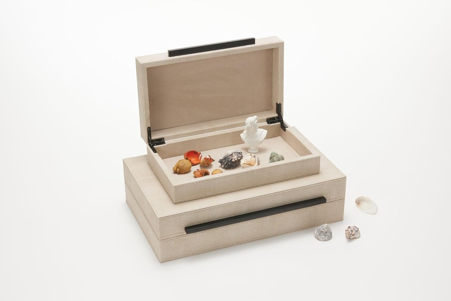 Sagala Ivory Shagreen Decorative Boxes - Set of 2 with Black Metal Handles | Modern Faux Leather Storage Solutions