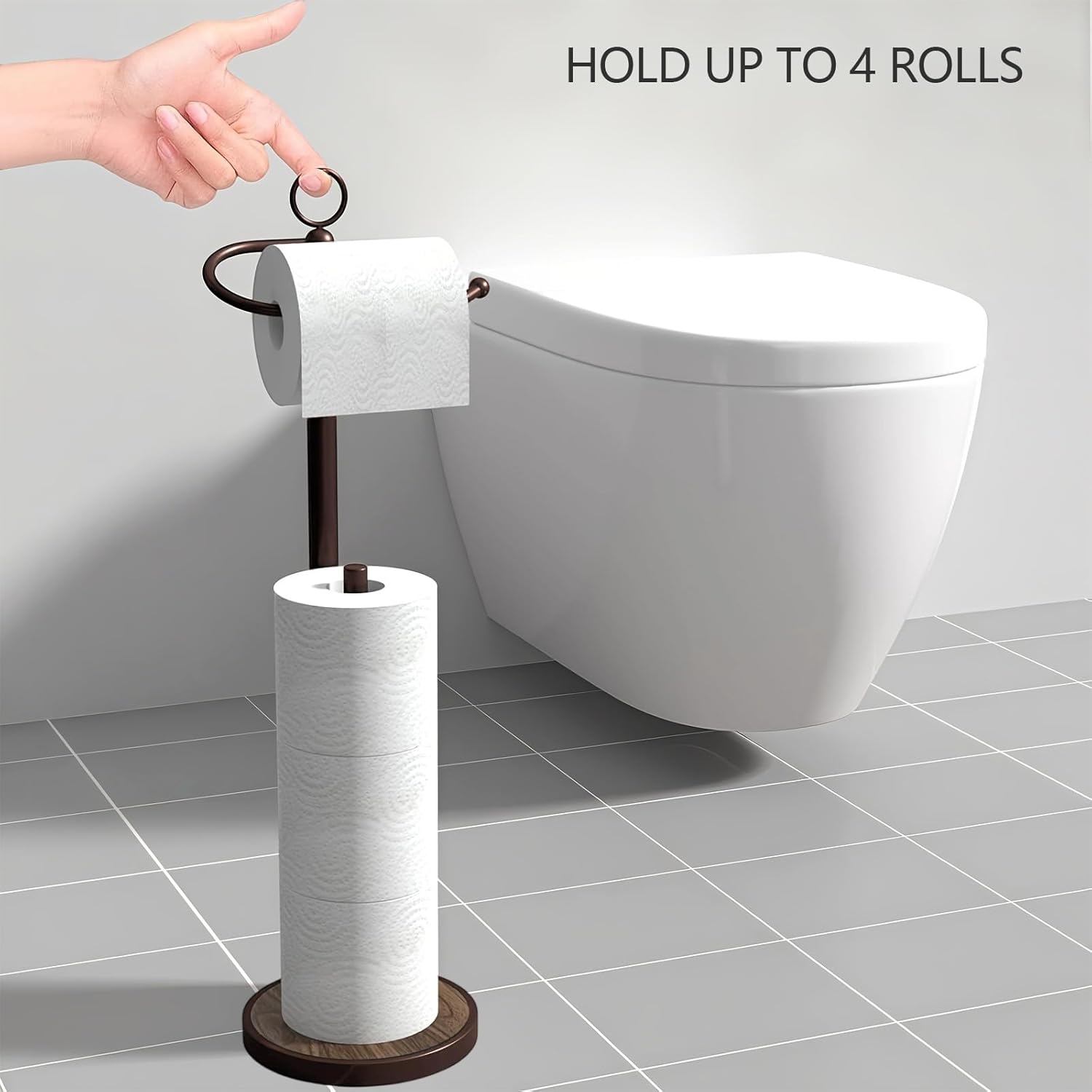 Skiennix Free Standing Toilet Paper Holder - Stylish Storage for 4 Rolls with Weighted Wood Grain Base - Black & Bronze