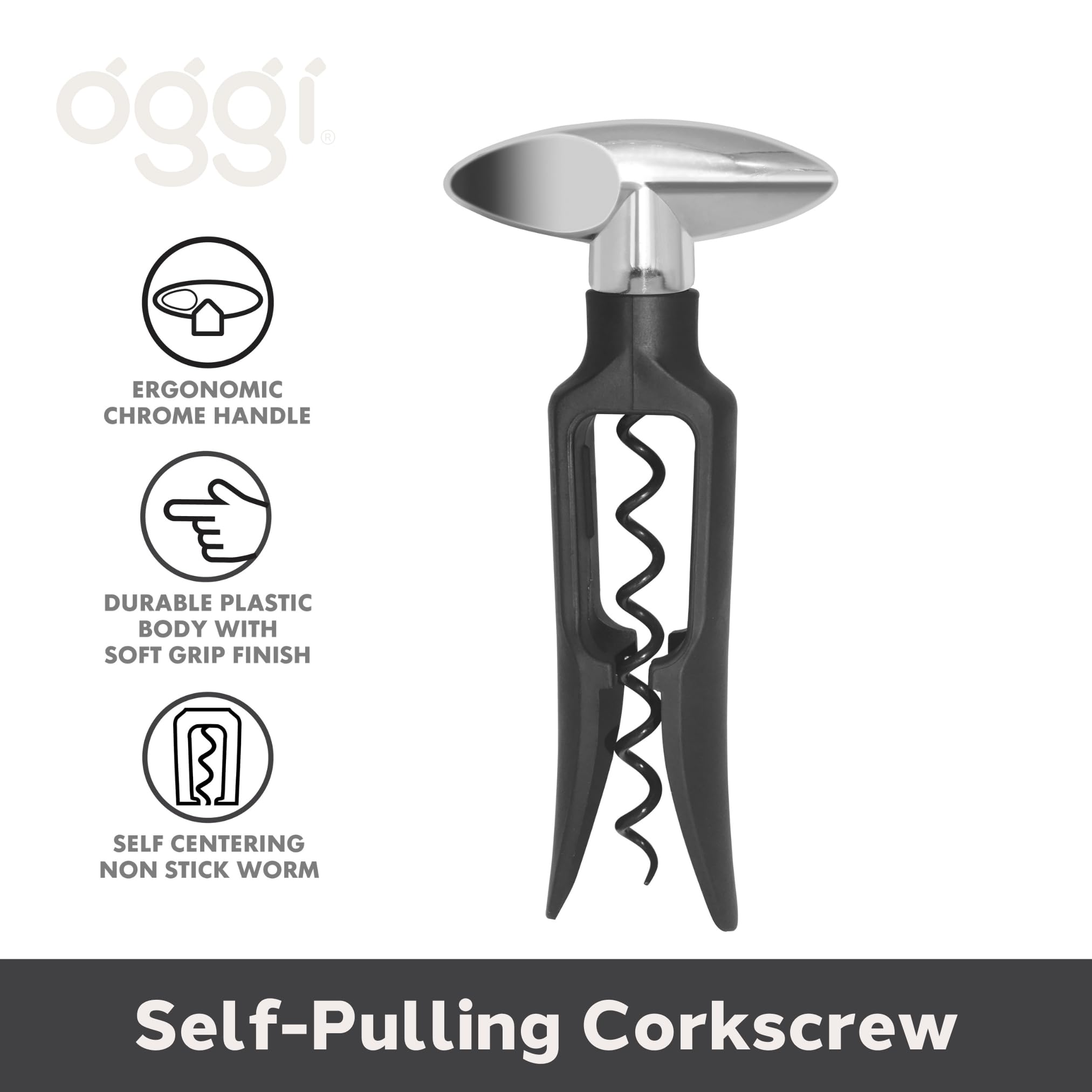 OGGI Wine Bottle Opener, Self Pulling Corkscrew - Self-Centering Non-Stick Wine Opener Cork Screwer, Effortless Wine Corker - Black 8.5"
