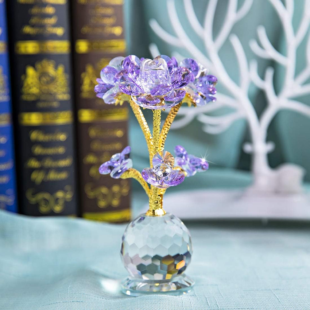 QFkris Purple Crystal Rose Flower Figurine - 6" Collectible Glass Ornament for Home Decor & Gifts