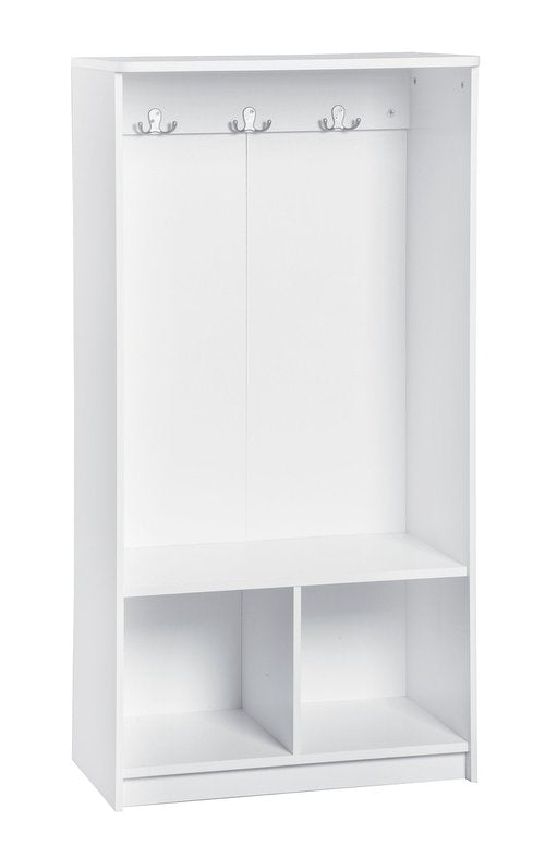 ClosetMaid KidSpace Wood Storage Locker, 2 Cubby Cube Compartments, Open Storage, 3 Hooks, for Coats, Backpacks, Jackets, White Finish
