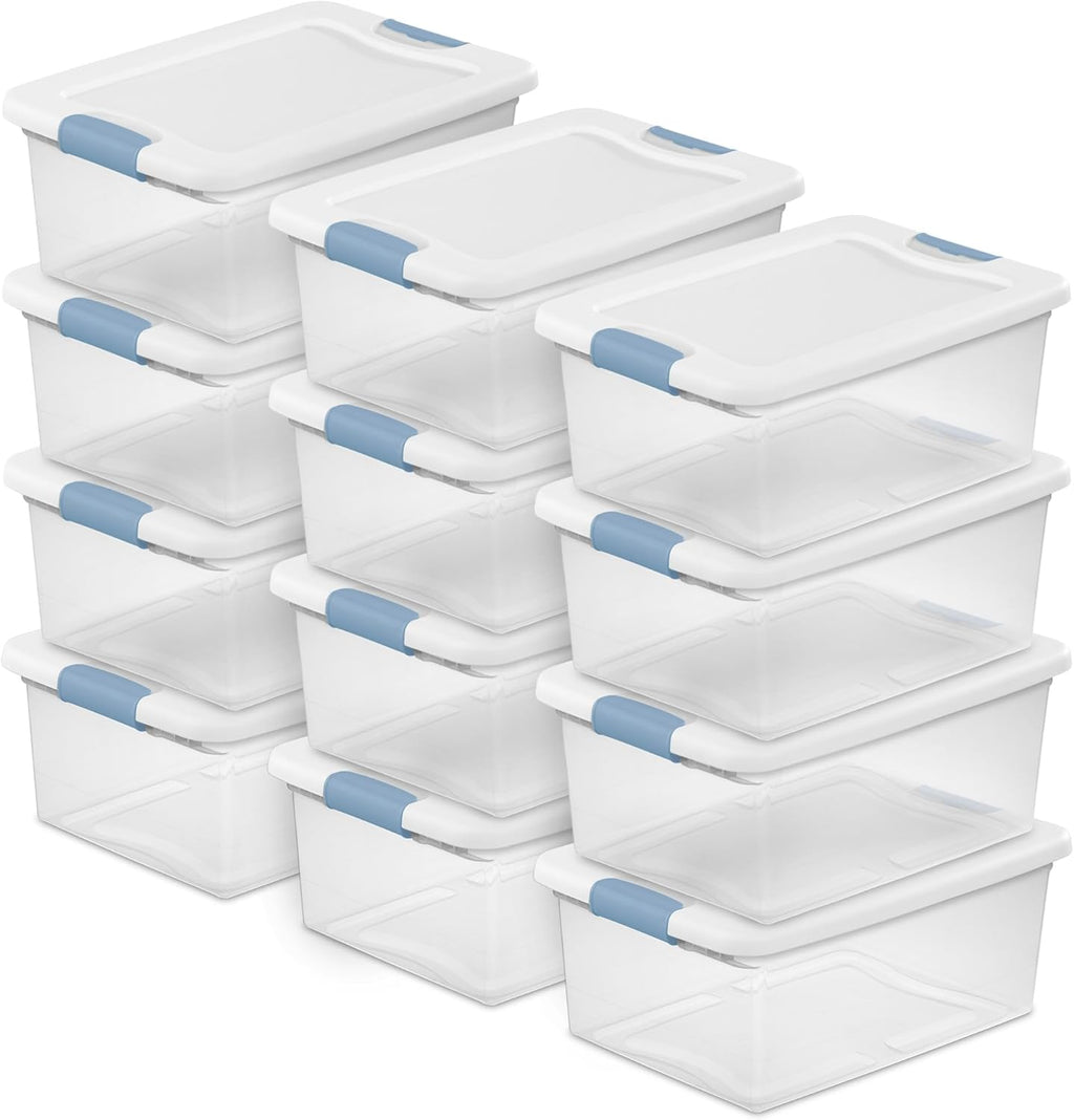 Sterilite 12-Pack Latching Storage Bins - Clear Plastic Under Bed Organizers, 15 Quart Capacity