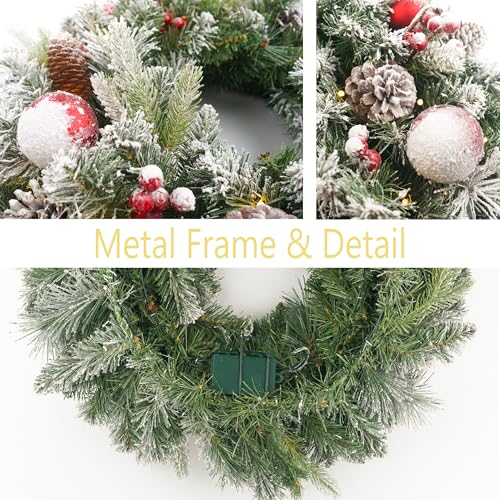 Flocked Christmas Wreath 24 Inch Pre-lit with 50 LED Lights, Red Balls & Pine Cones – Battery Operated Variation 50