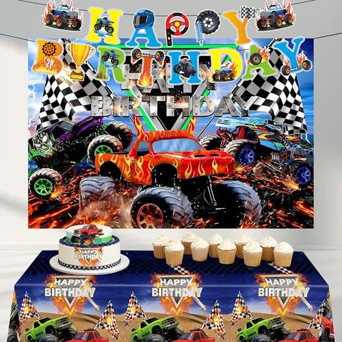 Truck Birthday Party Decorations Set - Backdrop, Banner & Tablecloth