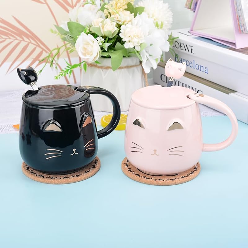 Pink Ceramic Cat Mug with Stainless Steel Spoon - 13 oz Handmade Gift (Variation: Black)