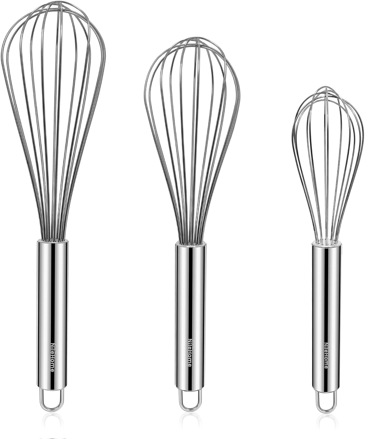 NileHome Stainless Steel Whisk Set - 3 Pack Kitchen Whisks for Cooking, Blending & Beating | 8", 10", 12" Sizes