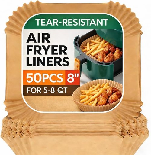Disposable Air Fryer Parchment Liners - 50 Count Square Nonstick Inserts to Prevent Sticking & Grease