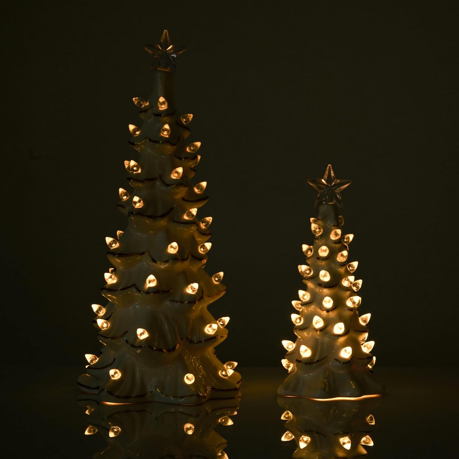 WDS WONDROUS Ceramic Christmas Tree Tabletop - Prelit White & Gold Accents | 2-Piece Small Xmas Decor