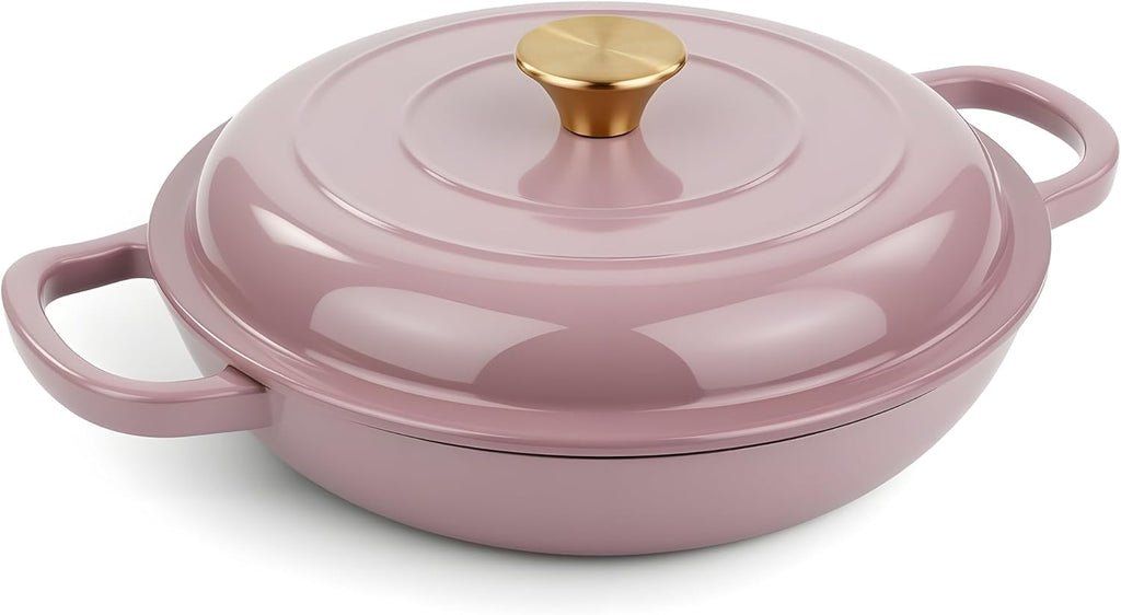 Skiennix Vintage Style Enameled Cast Iron Braiser - Non-Stick Dutch Oven Skillet with Lid, 3 Quart (Pink)