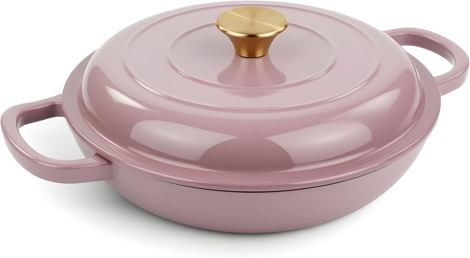 Skiennix Vintage Style Enameled Cast Iron Braiser - Non-Stick Dutch Oven Skillet with Lid, 3 Quart (Pink)
