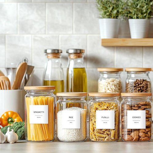 Kuocodall 288 Pantry Labels for Food Containers, Preprinted Minimalist Waterproof Stickers for Organizing Storage Bins, Jars and Kitchen