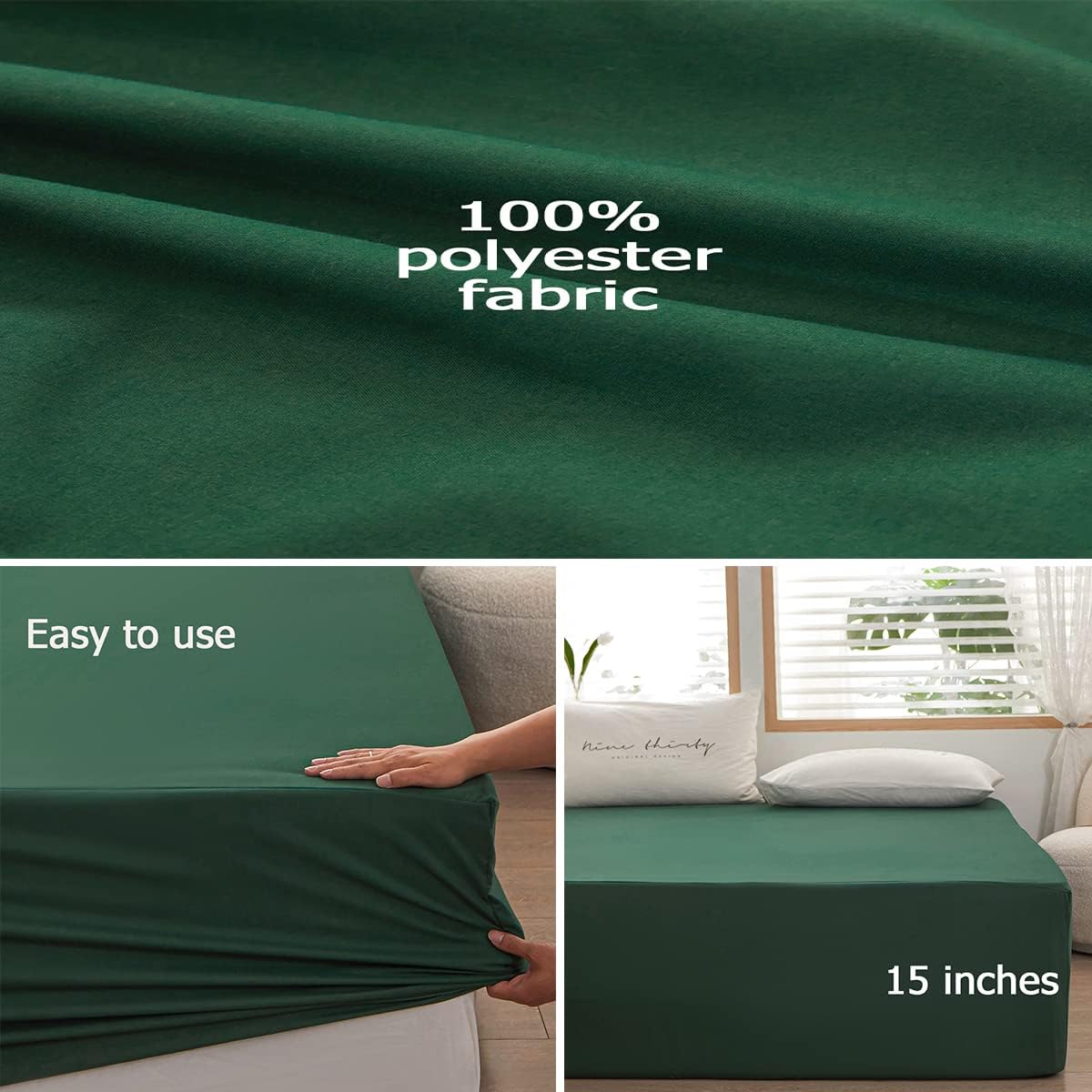 Skiennix Queen Size Fitted Sheet - Soft Microfiber, 15-Inch Deep Pocket, Dark Green, Fade Resistant
