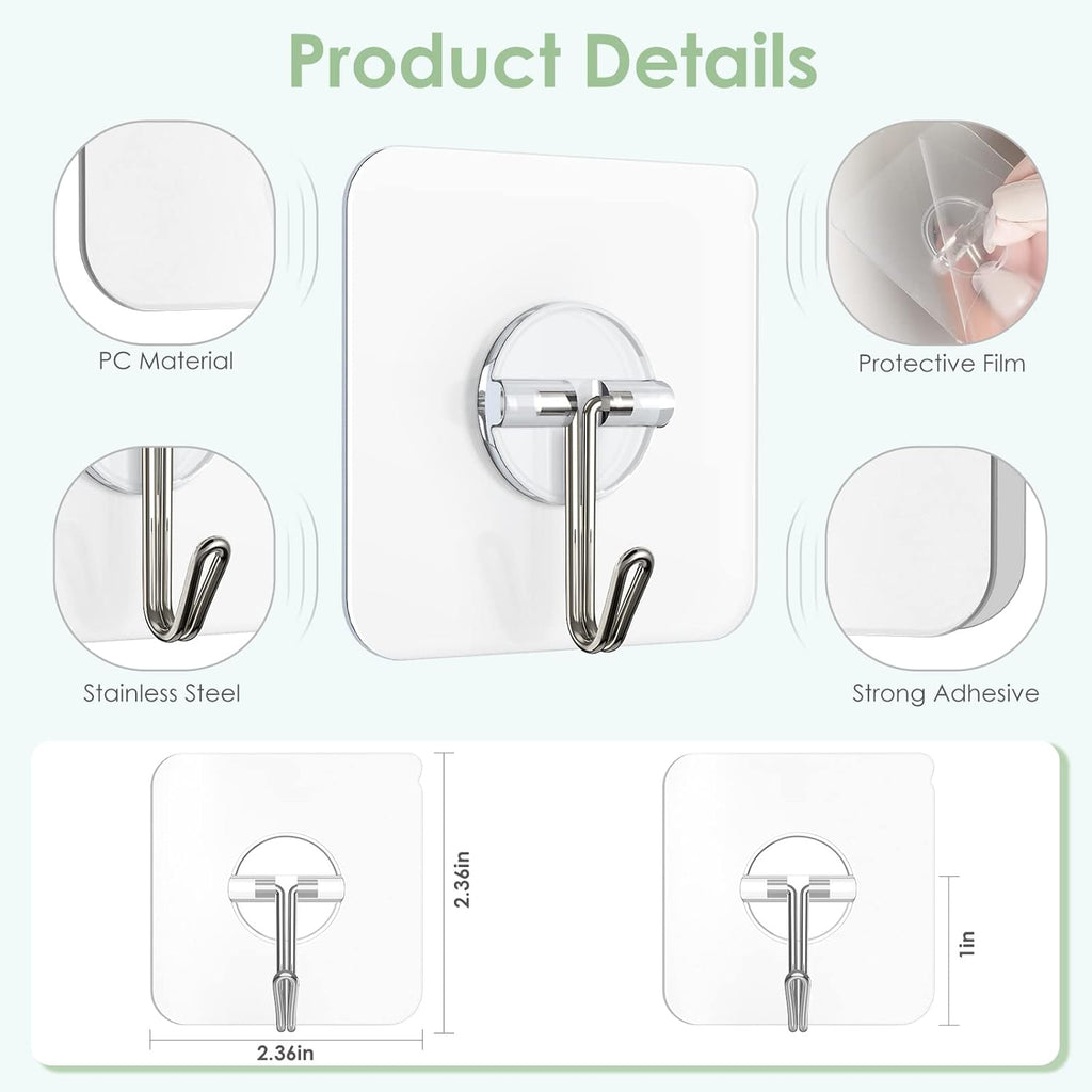Skiennix Wall Hooks - Clear Removable Stainless Steel Adhesive Hooks | 13 lb Capacity, 10 Pack