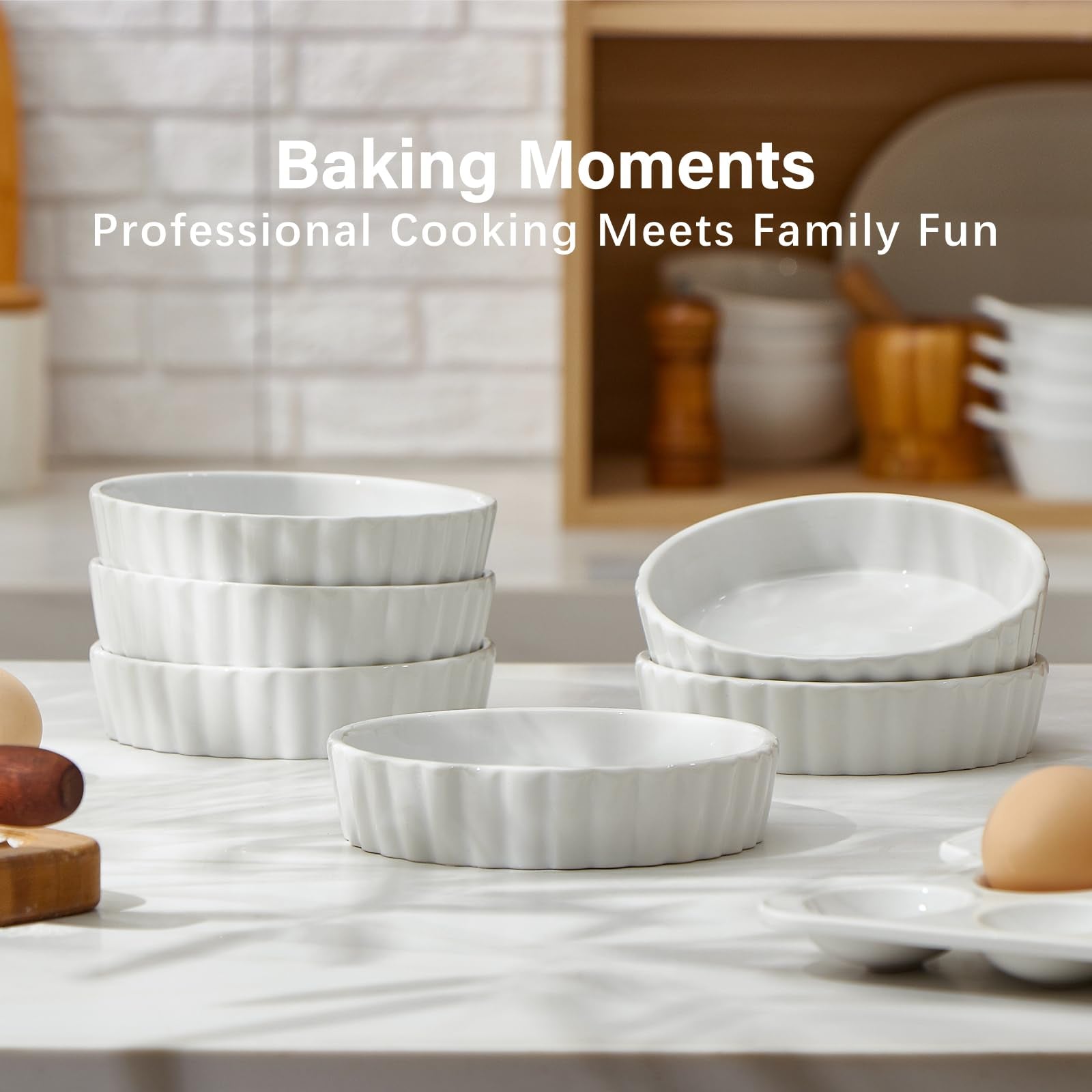 ONEMORE Ramekins, Creme Brulee Ramekins 8 oz Oven Safe White Porcelain Small Baking Dishes for Individual Serving, Fluted Shallow Soufflé Dishes Quiche Dish Mini Tart Pans Sauce Ramekin Set of 6