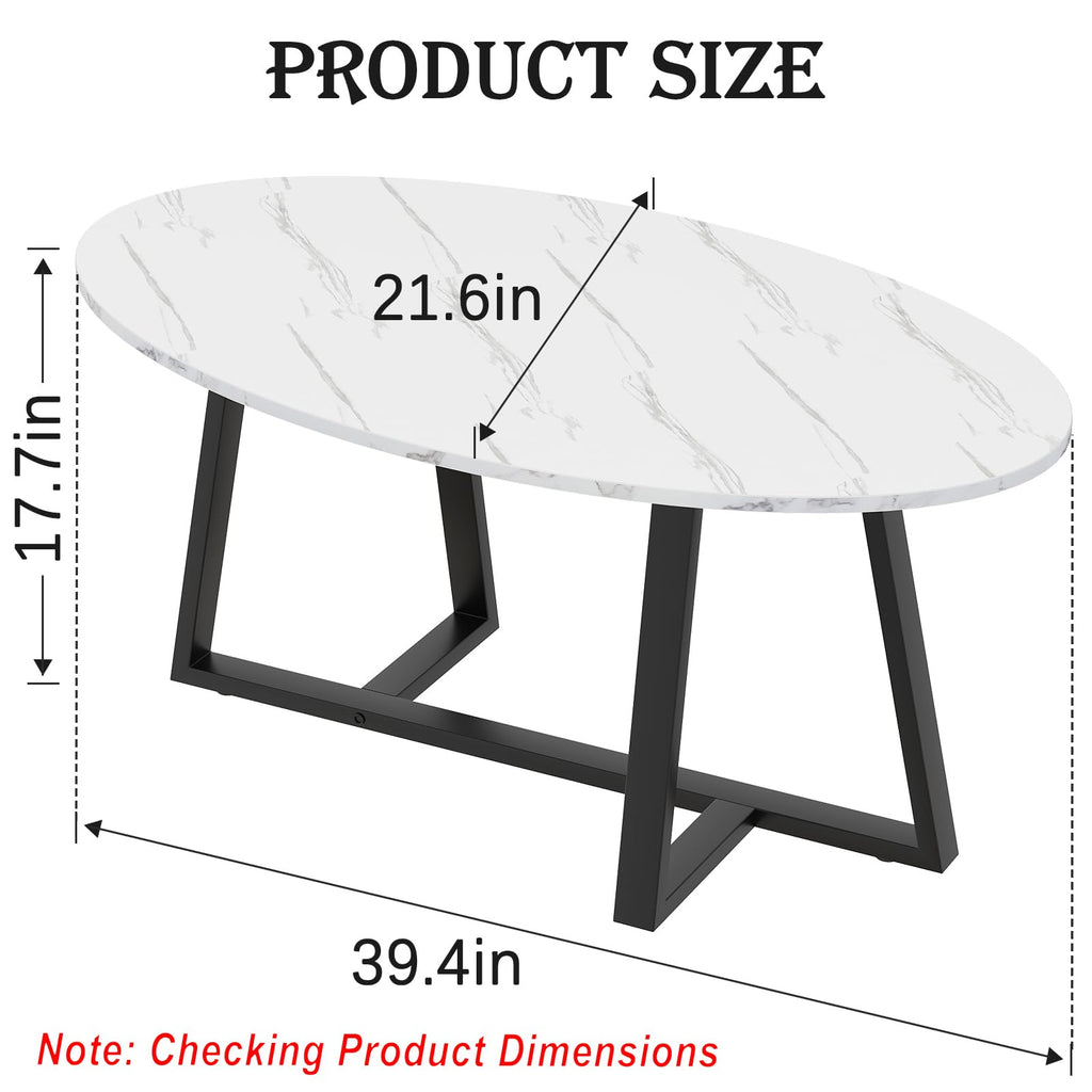 Wolawu Coffee Table Small Oval Table,White Faux Marble Table for Living Room, Modern Center Tea Tables for Small Space,Wooden Tables End Tables with Sturdy Black Metal Leg