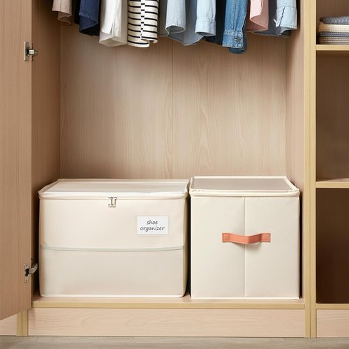 Chewlish Shoe Organizer for Closet, Foldable Shoe Box Storage Containers with Clear Cover, Smooth Zipper, Reinforced Handles and Bottom Support, Space Saving Shoes Holder, Beige (1, Small)