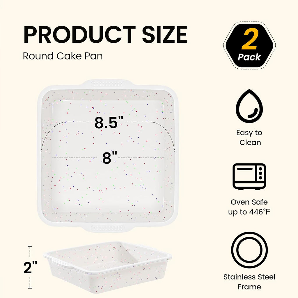 SJ Silicone Square Cake Pan Set - 8 x 8 Inch Nonstick Molds with Metal Reinforced Frame | BPA Free for Cakes, Brownies, and More