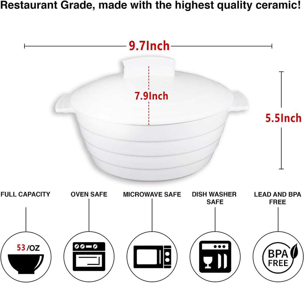 Regine Switzerland Casserole Dish - 1.32 Quart French White Ceramic Bakeware Set with Lids | Chip & Crack Resistant, Microwave & Oven Safe