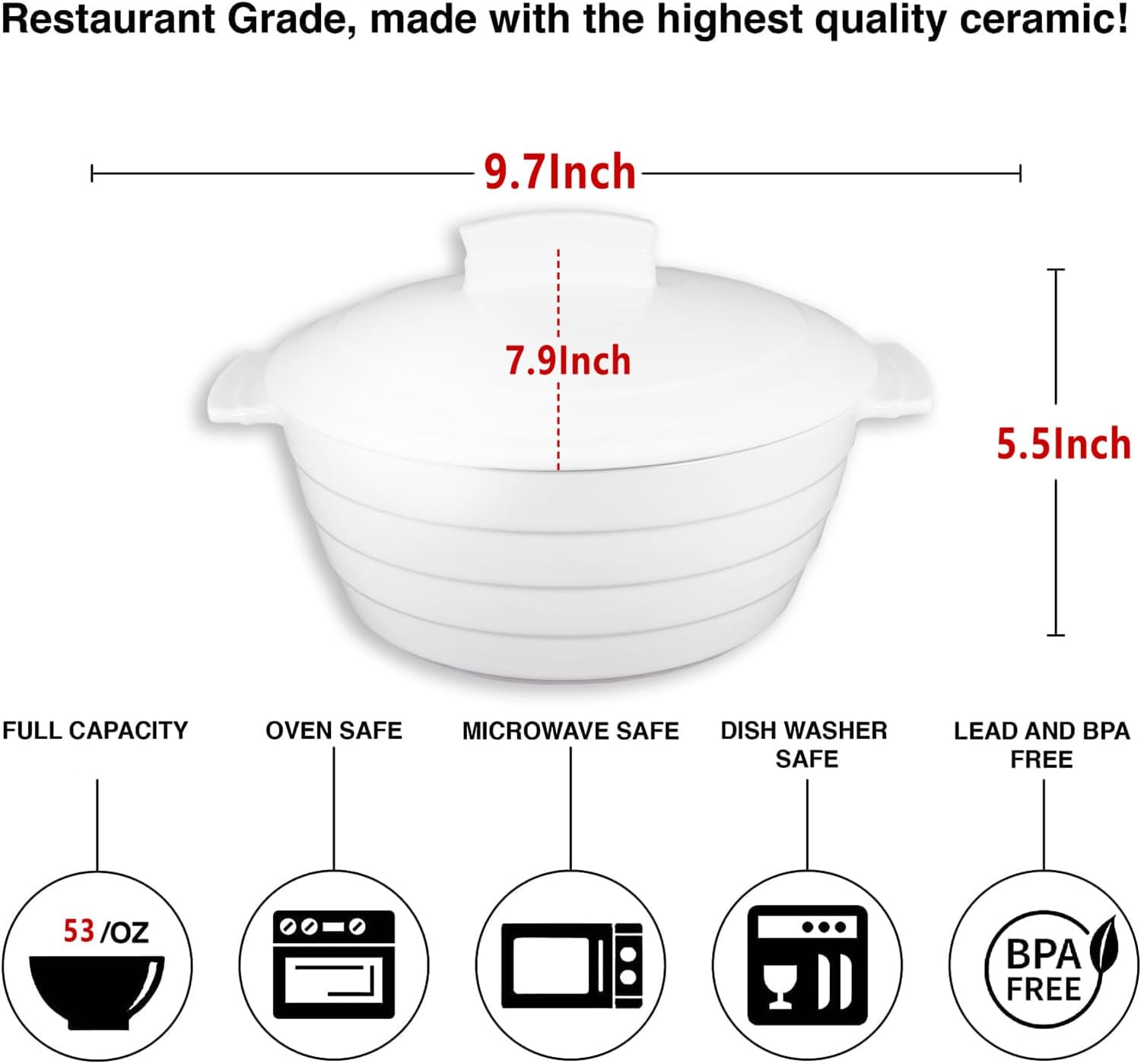 Regine Switzerland Casserole Dish - 1.32 Quart French White Ceramic Bakeware Set with Lids | Chip & Crack Resistant, Microwave & Oven Safe