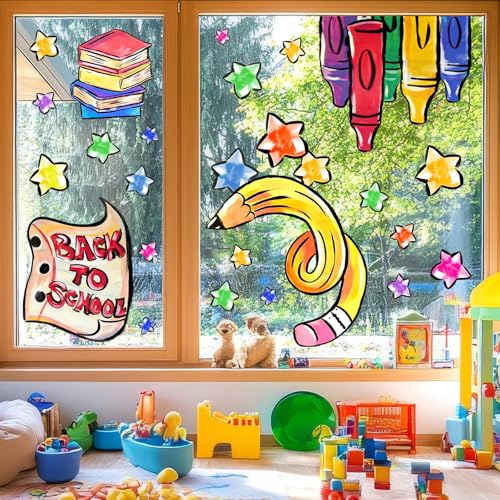 Back to School Window Clings - Colorful Pencil & Crayon Decals, 32.3 x 13.8 Inch, 2 Sheets