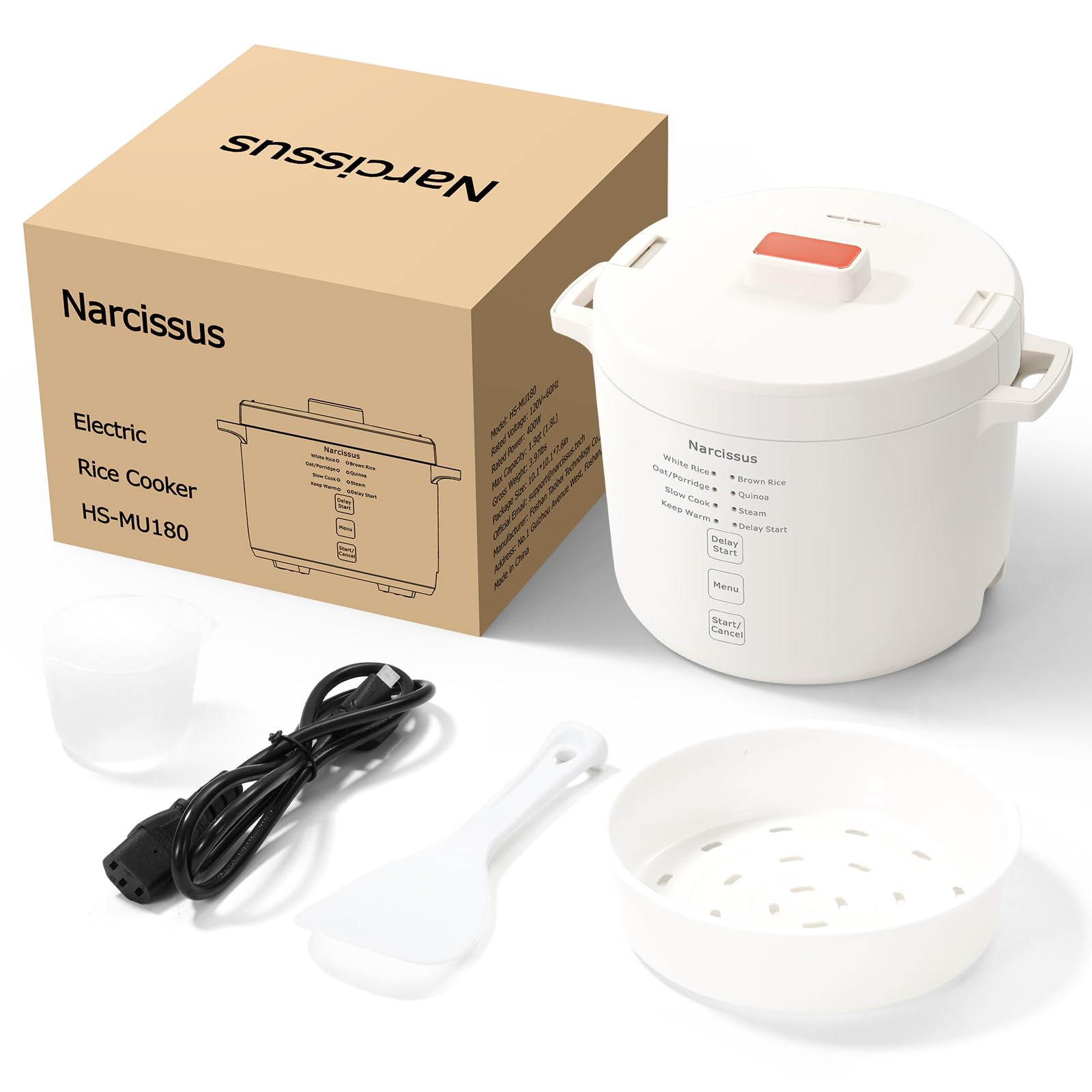 Narcissus 3.5-Cup Rice Cooker for 1-3 People, Multifunctional for Rice, Oatmeal, Quinoa - Slow Cook, Steam, Cook Rice & Steam Dish Together, Rice White