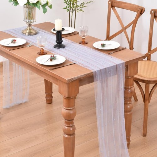 Joanlody Pearl Table Runner - 10ft Rustic Boho Tulle for Spring & Summer Events | Blue Decor