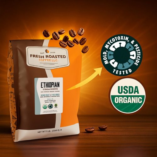 Fresh Roasted Coffee, Organic Ethiopian Yirgacheffe | USDA Organic, Kosher, 3rd Party Tested for Mold, Myco, Pesticides | 12 oz Ground