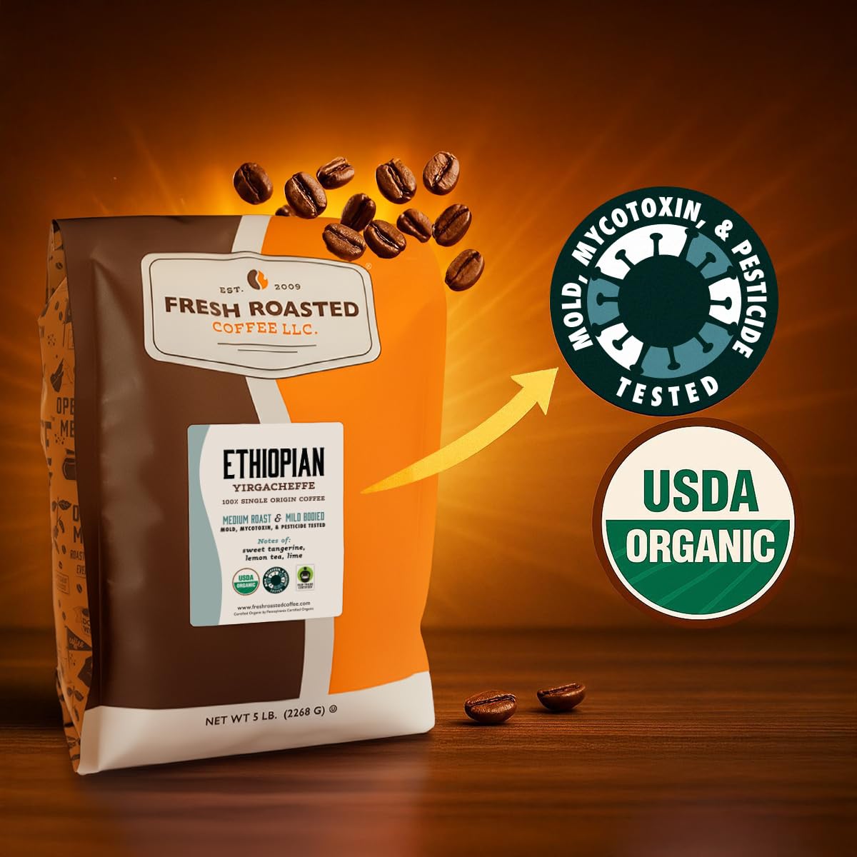 Fresh Roasted Coffee, Organic Ethiopian Yirgacheffe Whole Bean Coffee, Light Roast, USDA Organic, 3rd Party Tested for Mold, Mycotoxin & Pesticides, Kosher, 12 oz
