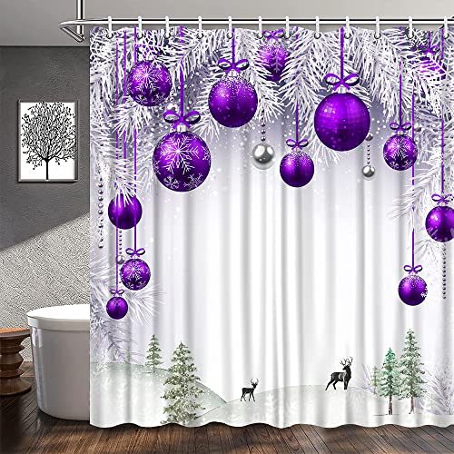 Purple Christmas Shower Curtain with Xmas Ball Pine Tree Winter Forest Decor 70x70 Inches