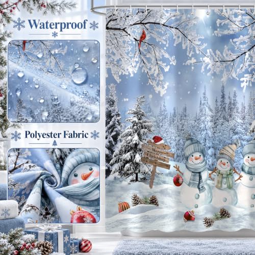 Blue Christmas Snowman Shower Curtain - Winter Holiday Bathroom Decor, 72x72 Inches