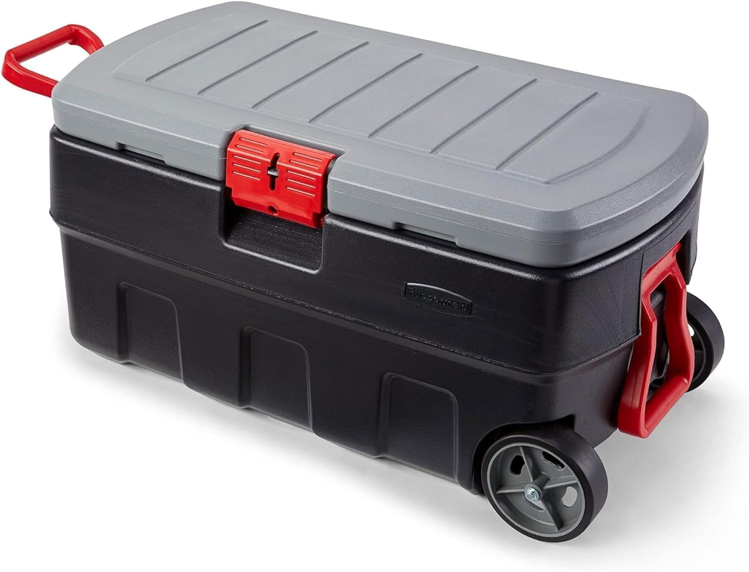 Rubbermaid ActionPacker 35 Gallon Storage Bin - Lockable, Durable Plastic with Wheels for Outdoor Gear | Gray & Black