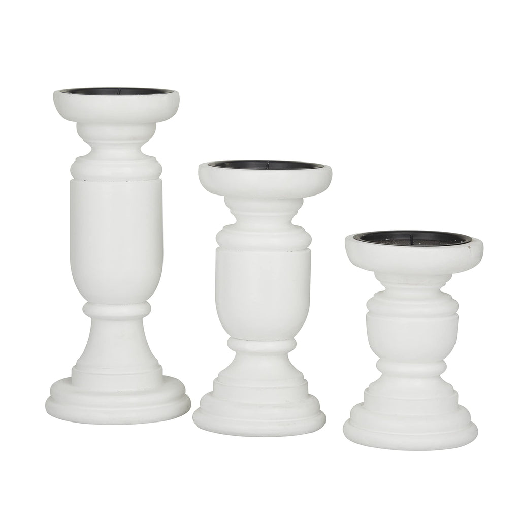 Deco 79 Mango Wood Turned Style Pillar Candle Holder, Set of 3 10", 8", 6"H, White