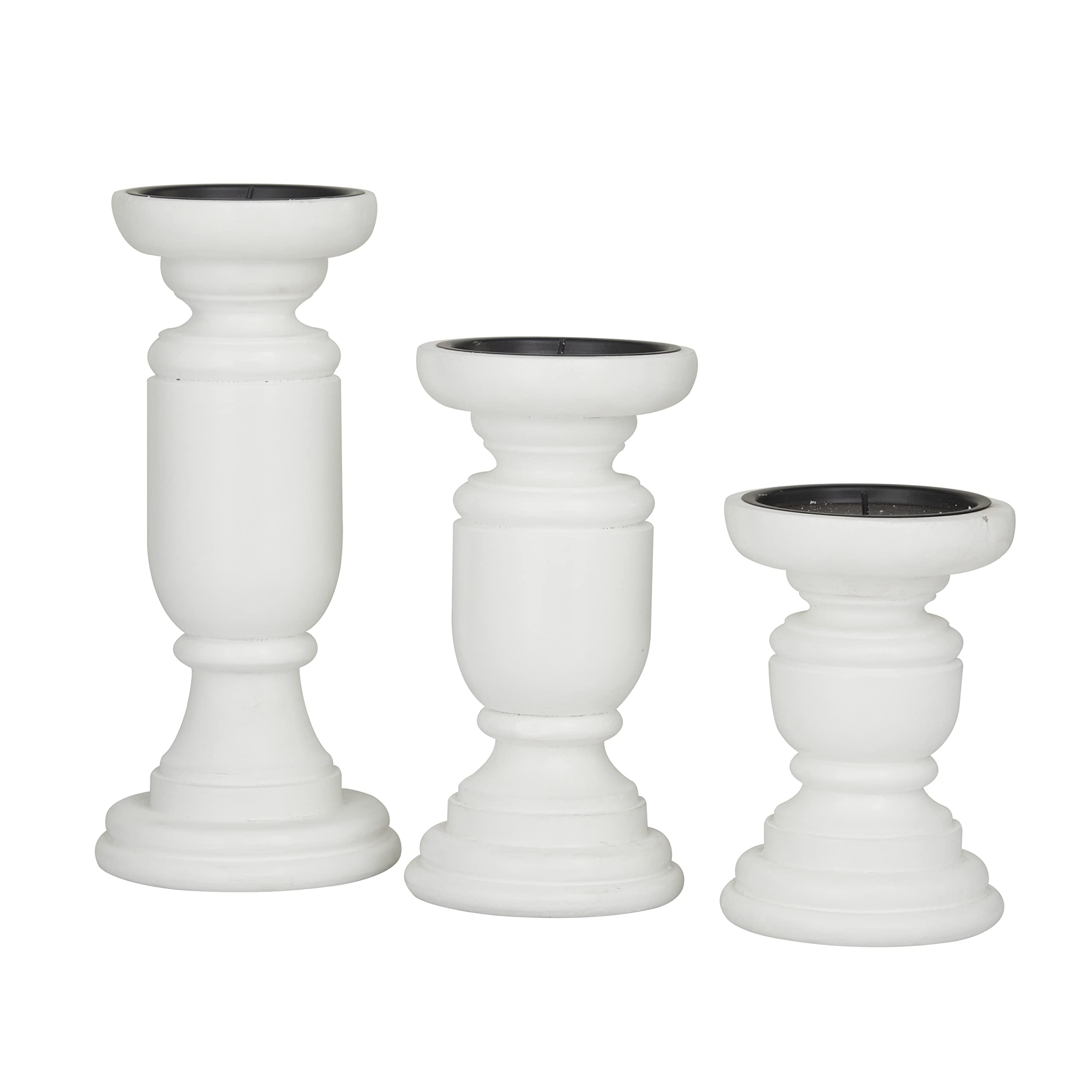 Deco 79 Mango Wood Turned Style Pillar Candle Holder, Set of 3 10", 8", 6"H, White