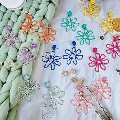 Boho Raffia Floral Dangle Earrings - Colorful Handwoven Jewelry