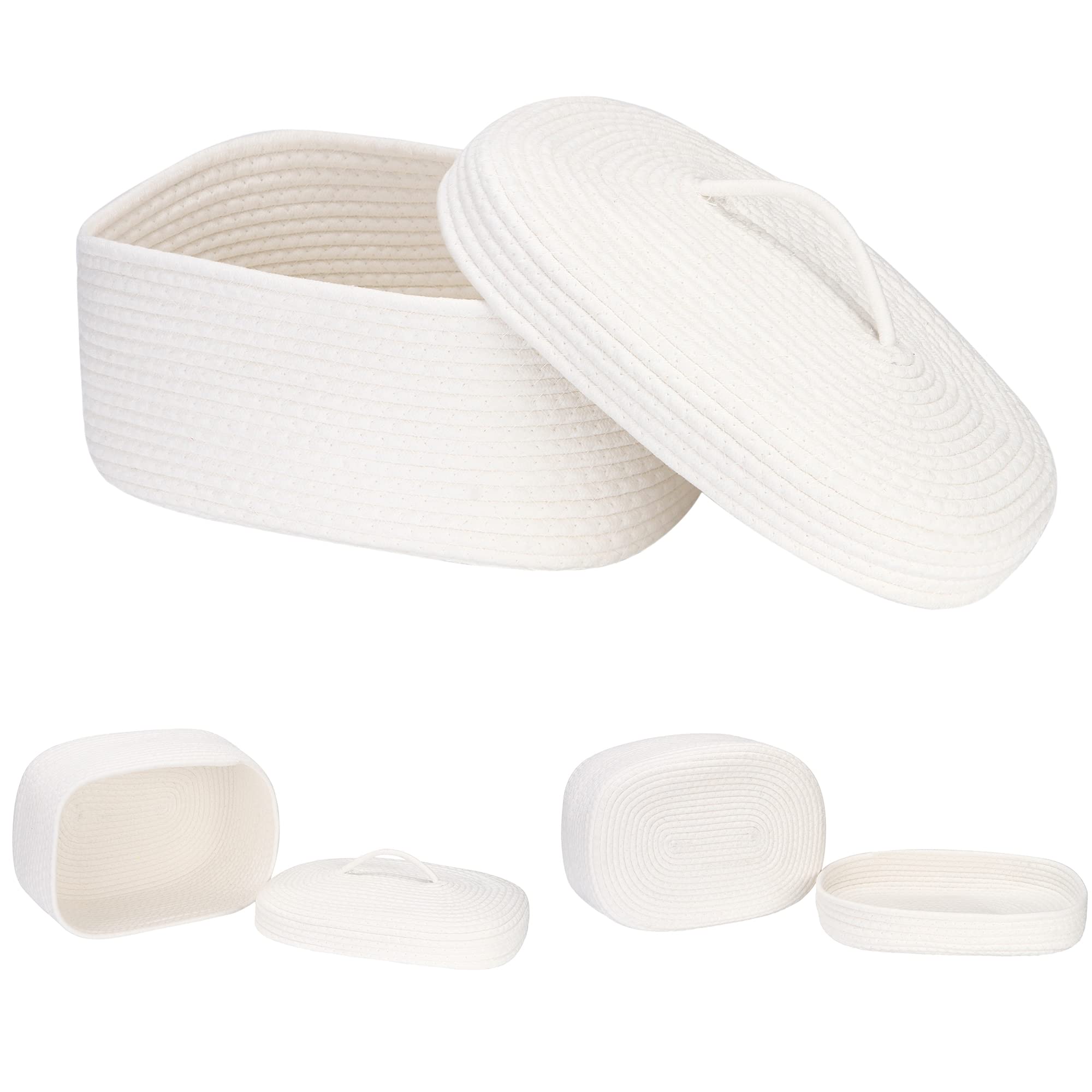 Sea Team Oval Cotton Rope Storage Basket with Lid, Lidded Woven Storage Bin, Nursery Storage Container, Diaper Caddy, Baby Shower Basket, Box, Organizer, 15 x 11 x 6.5 Inches (Medium, White)