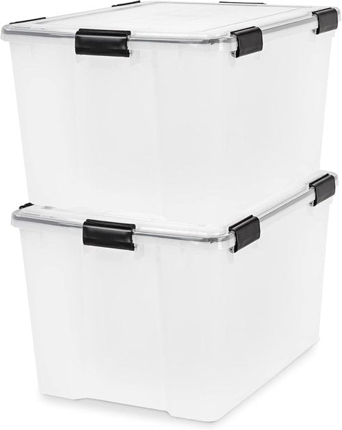 IRIS USA WeatherPro 74 Qt Storage Bins - BPA-Free Plastic with Tight Seal, Stackable & Nestable | Clear/Black, 2 Pack