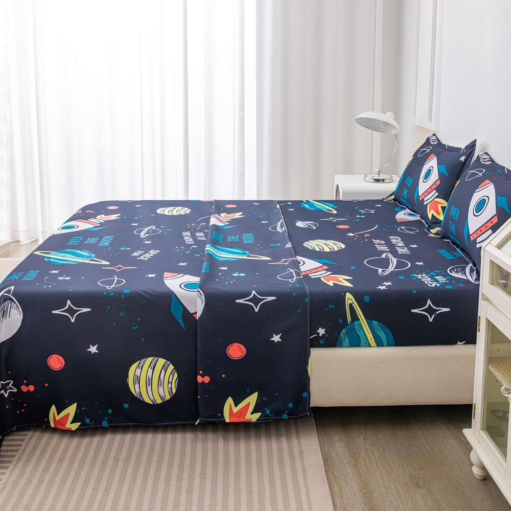 Megamayga Space Sheets Queen Size for Boys Kids 4 Pieces Outer Space Bed Sheets 3D Space Rocket Planets Bedding Set for Teens Boys Space Theme Bedding Set Galaxy Stars Bed Sheet Set Room Home Decor