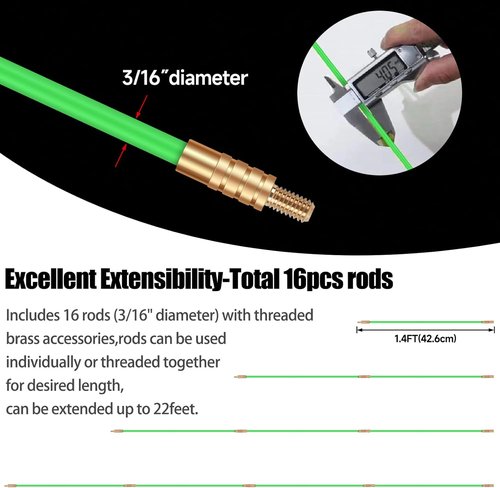FTIHTRY 22FT Fiberglass Electrical Wire Pulling Rods - Complete Kit with 8 Attachments & Fish Tape