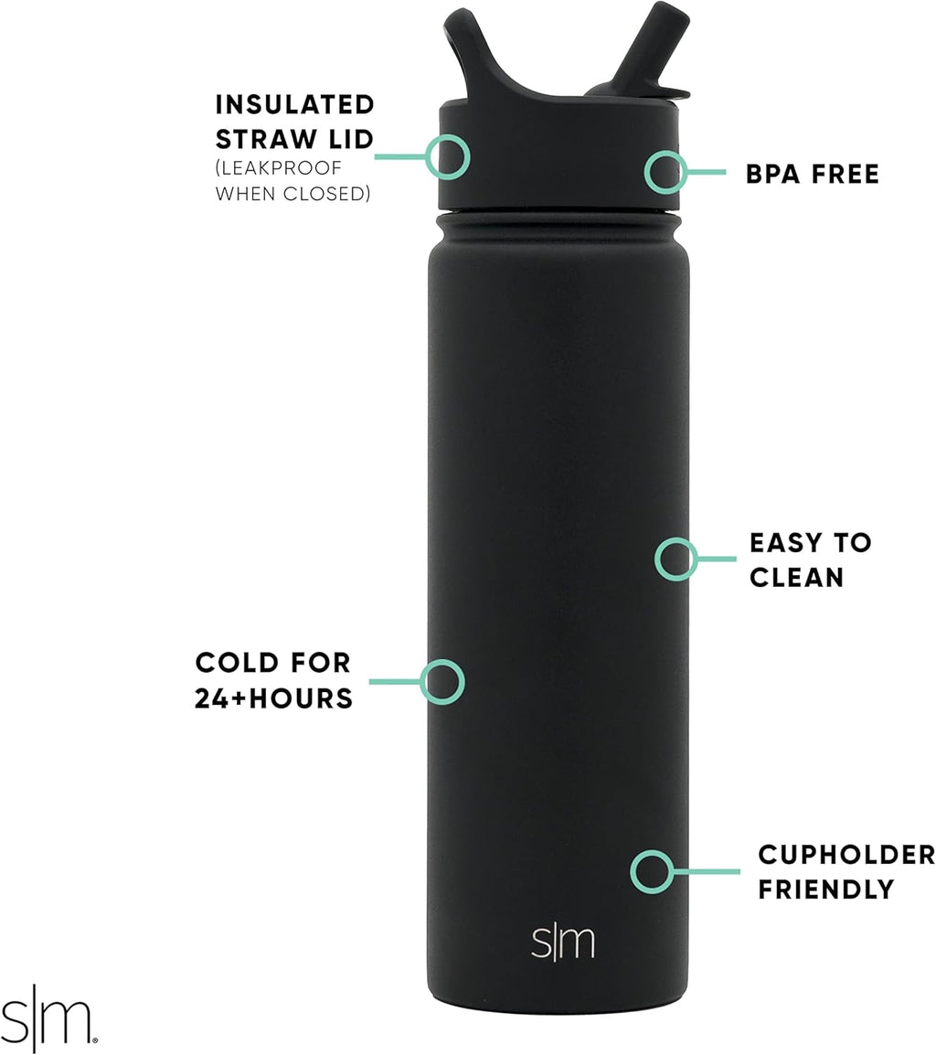Simple Modern Water Bottle - Vacuum Insulated Stainless Steel Flask | 22oz, Midnight Black - Reusable & Leak Proof